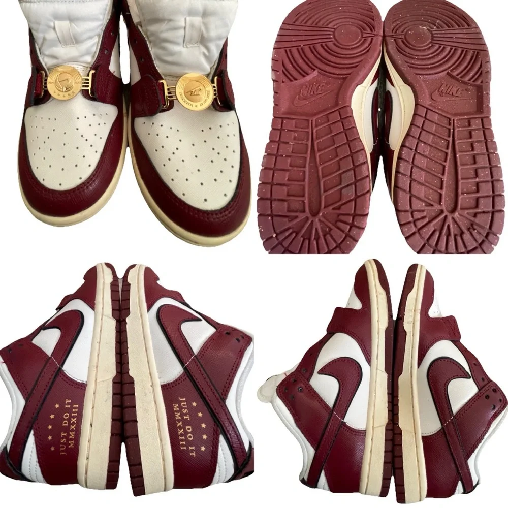 Nike Women’s White and Burgundy Sneakers with Gold Accents